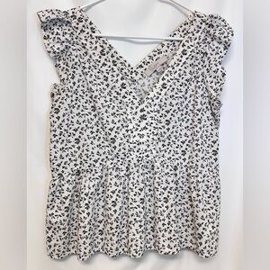 LOFT Black & White Floral V-Neck Ruffle Sleeve Peplum Top